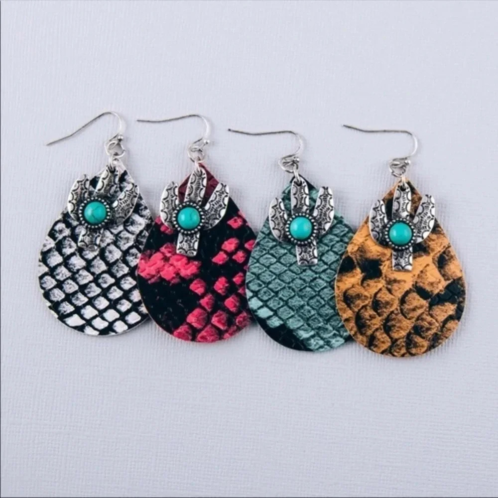 Cactus snakeskin teardrop earring